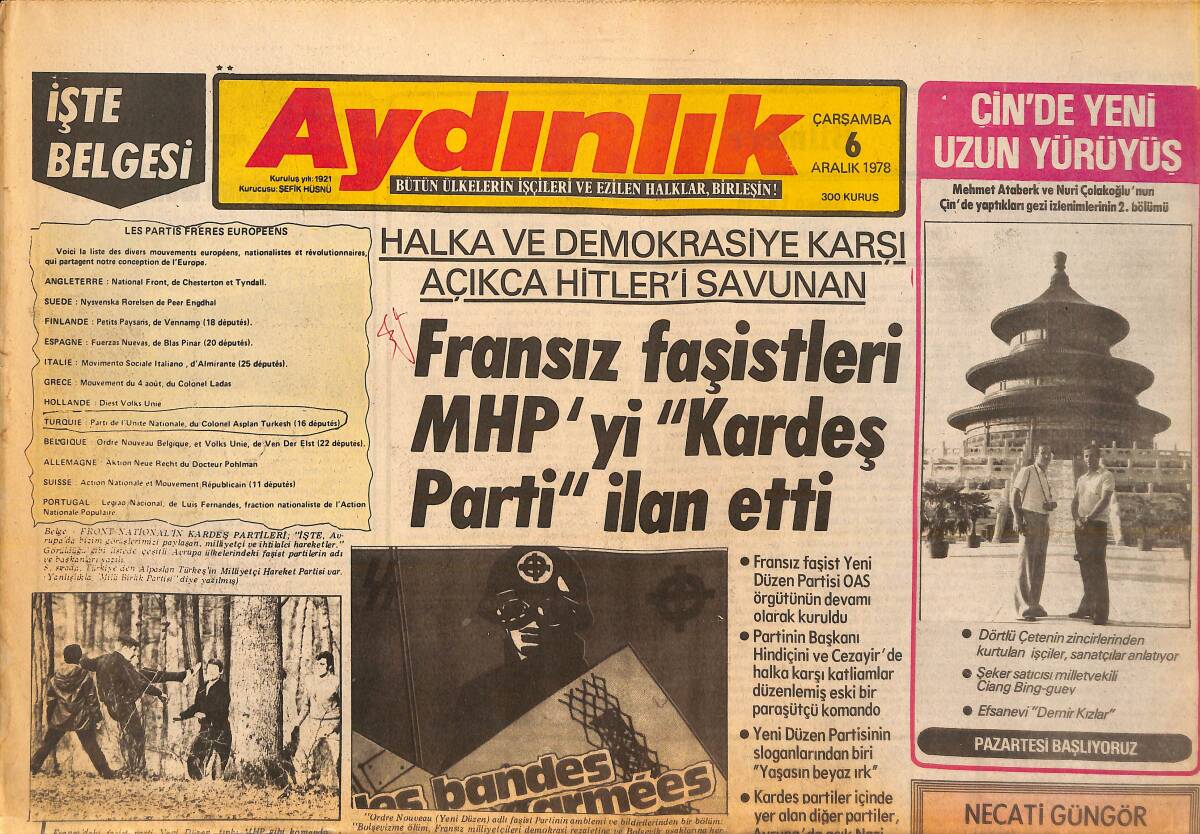 Aydınlık Gazetesi 6 Aralık 1978 - Fransız Faşistleri MHP'Yİ Kardeş Parti İlan Etti - AET Ve Nato Türkiye'ye Ekonomik Yardımı Görüşüyor! GZ138617 - 1