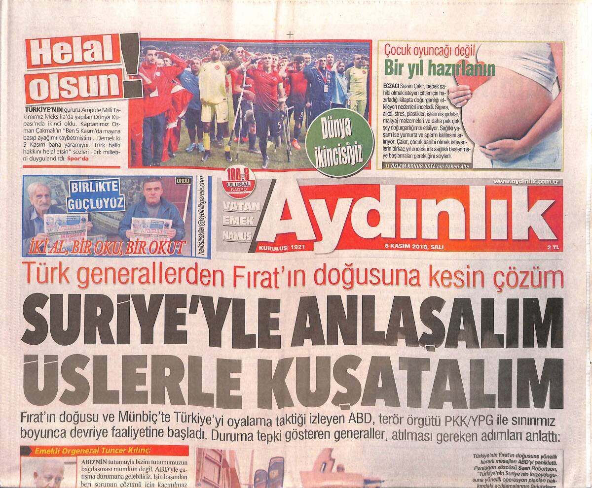 Aydınlık Gazetesi 6 Kasım 2018 - Türk Generallerden Fırat'ın Doğusuna Kesin Çözüm - Ampute Milli Takımımız Dünya İkincisi Oldu GZ135429 - 1
