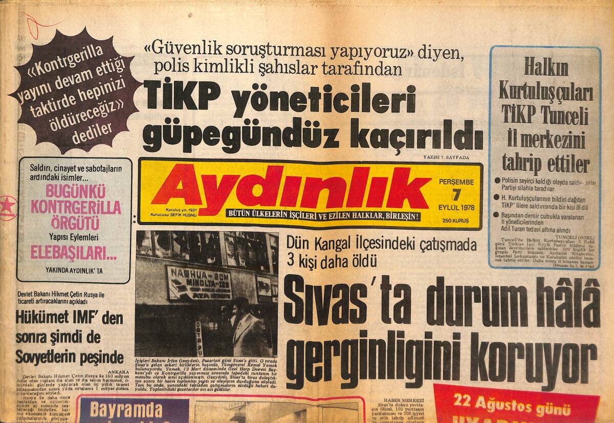 Aydınlık Gazetesi 7 Eylül 1978 - TİKP Yöneticileri Güpegündüz Kaçırıldı - Halk Bayram Yapamadı! GZ138628 - 1