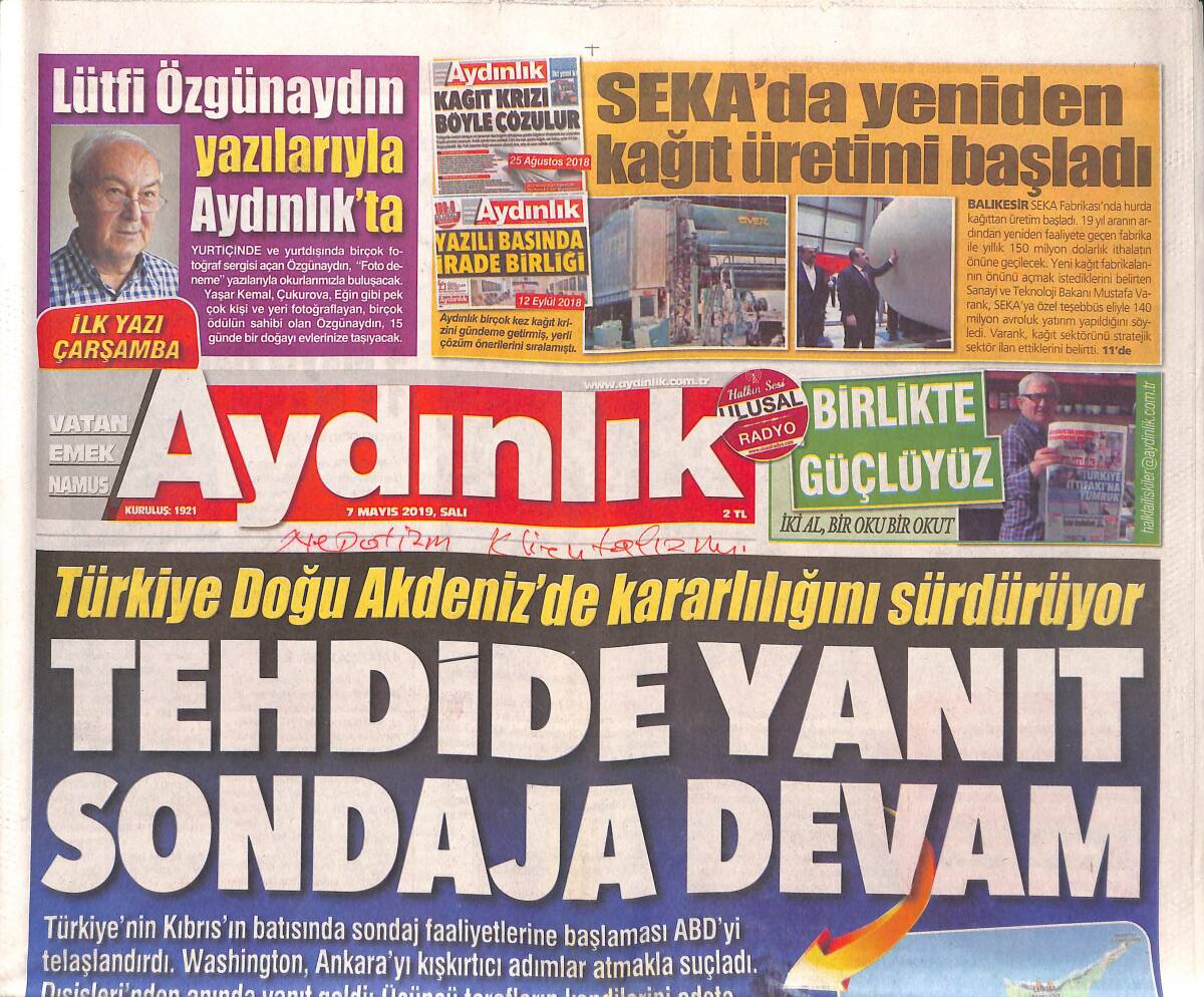 Aydınlık Gazetesi 7 Mayıs 2019 - Tehdide Yanıt Sondaja Devam - Seka'da Yeniden Kağıt Üretimi Başladı GZ135339 - 1