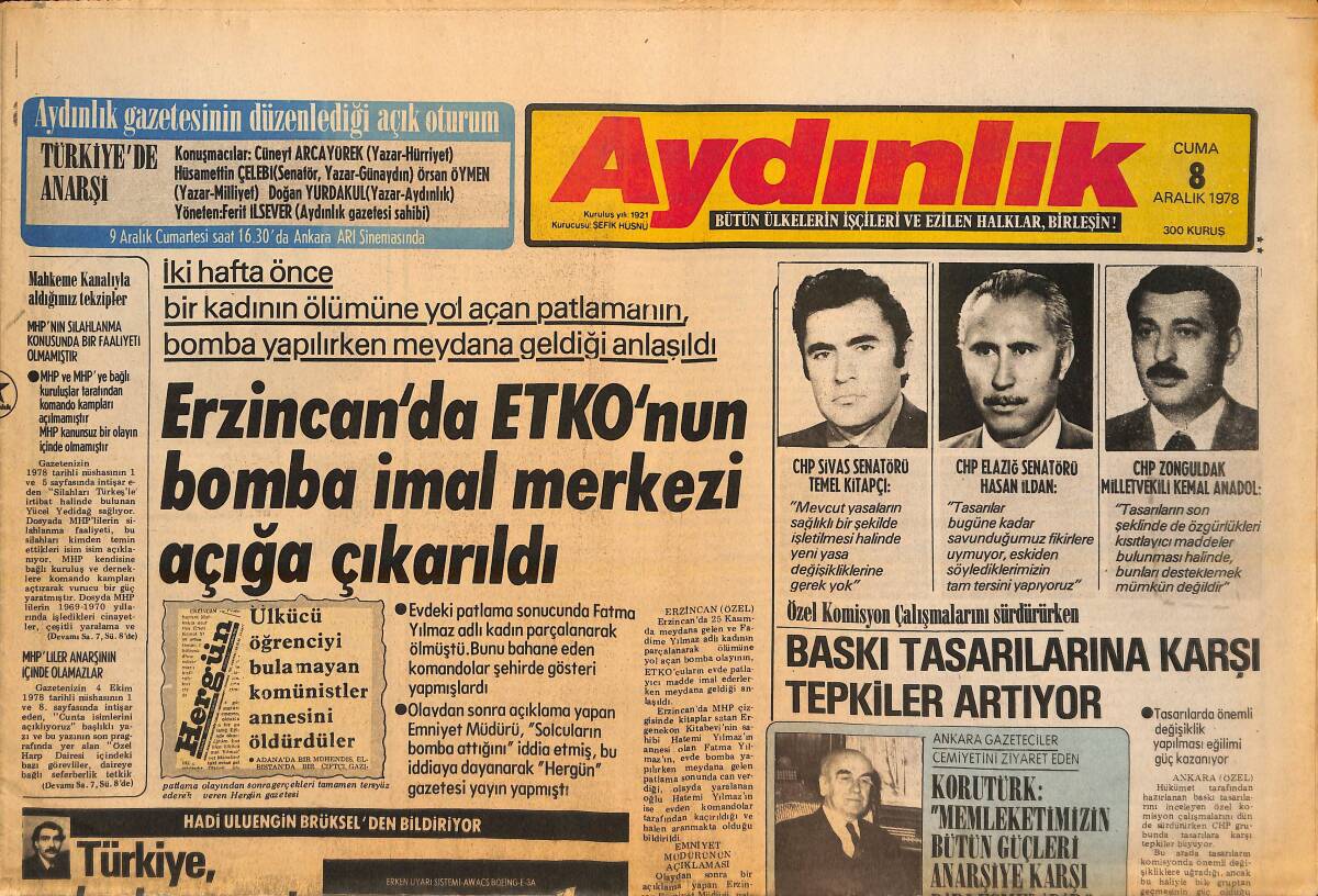 Aydınlık Gazetesi 8 Aralık 1978 - Baskı Tasarılarına Karşı Tepkiler Artıyor - Rauf Denktaş Hükümeti Kurmakla Mustafa Çağatay'ı Görevlendirdi! GZ138615 - 1
