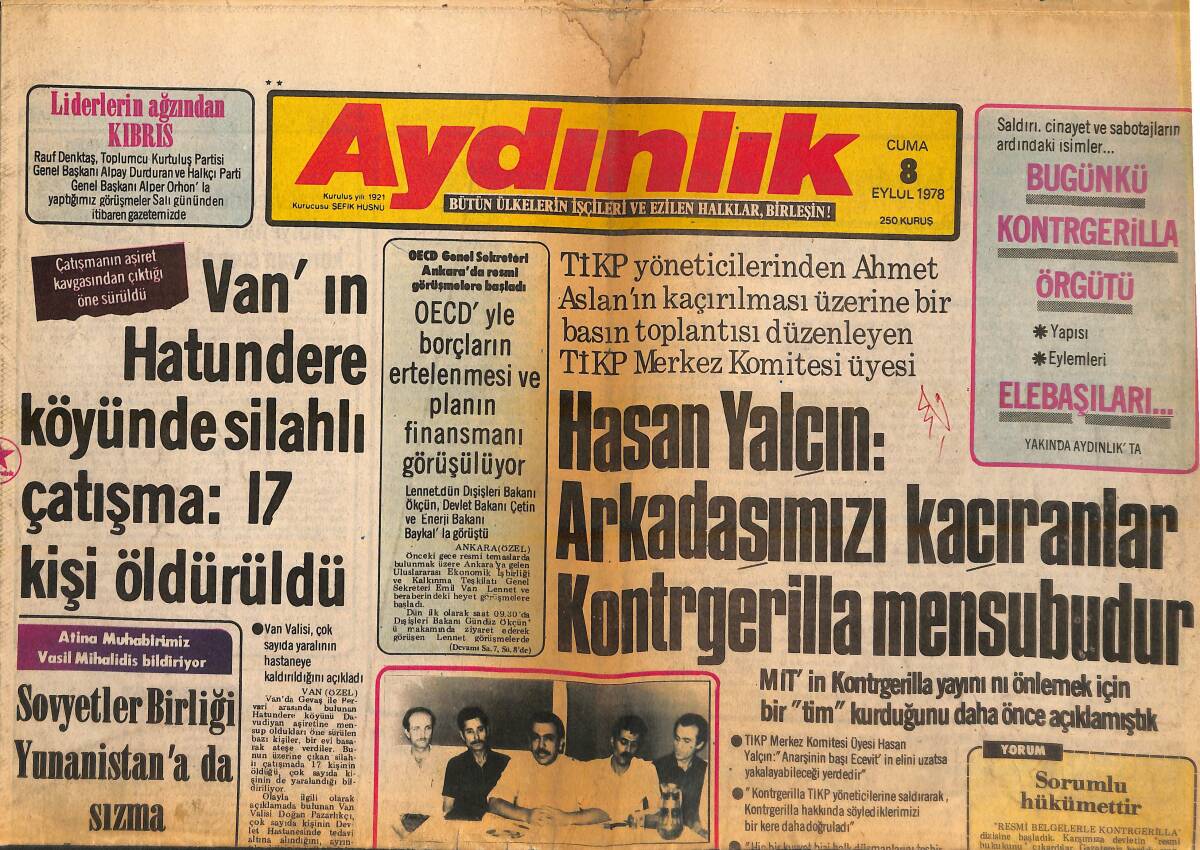 Aydınlık Gazetesi 8 Eylül 1978 - Sovyetler Birliği Yunanistan'a Da Sızma Çabası İçinde - Liderlerin Ağzından Kıbrıs! GZ138624 - 1