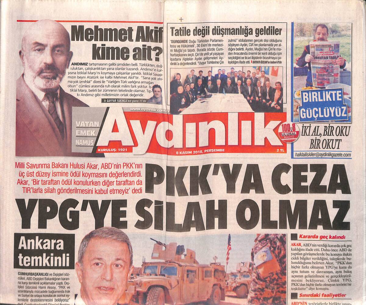 Aydınlık Gazetesi 8 Kasım 2018 - PKK'ya Ceza YPG'ye Silah Olmaz - Fatih Terim Patladı GZ135431 - 1