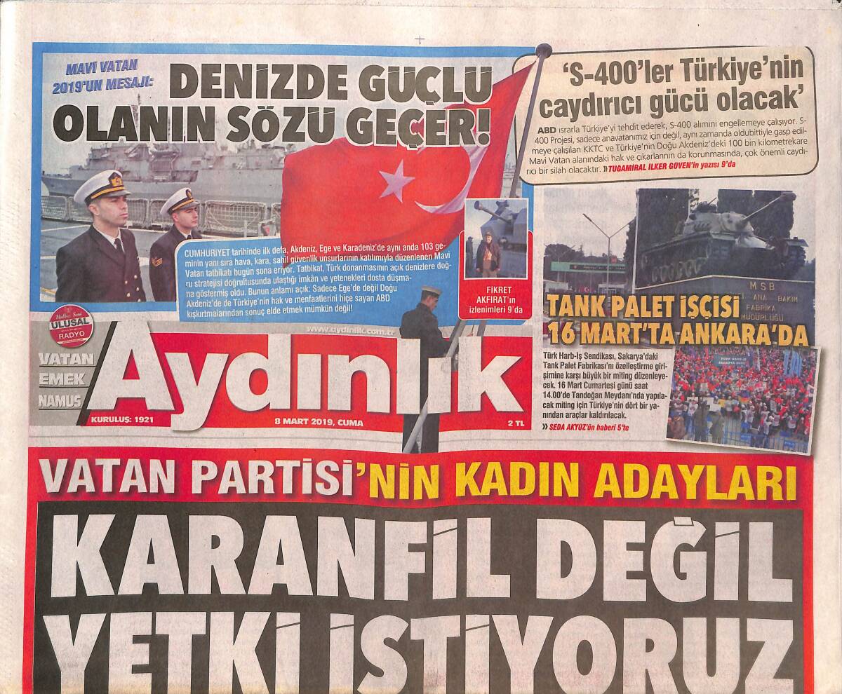 Aydınlık Gazetesi 8 Mart 2019 - 8 Mart Ve Kadın Örgütlenmesi - Denizde Güçlü Olanın Sözü Geçer GZ135356 - 1