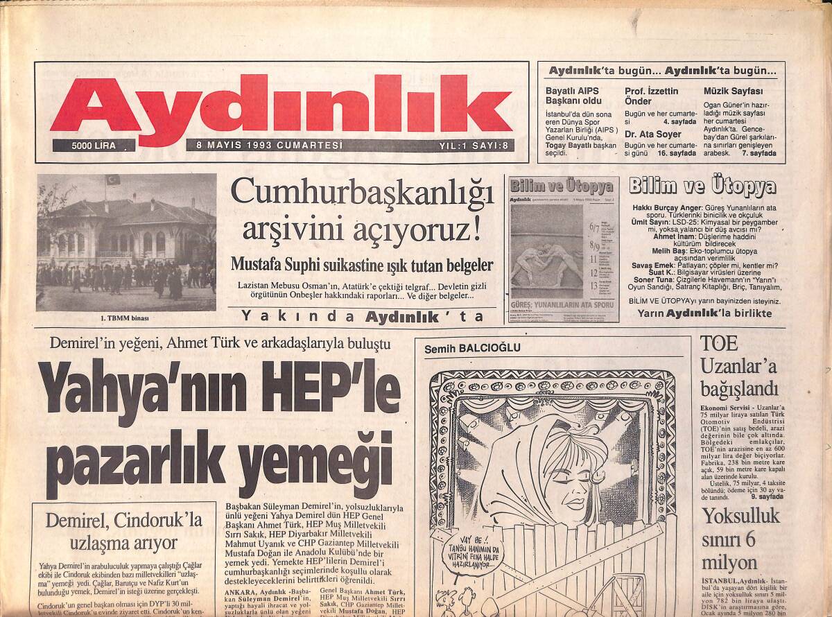 Aydınlık Gazetesi 8 Mayıs 1993 - Yahya'nın HEP'le Pazarlık Yemeği - Arabesk Genişliyor - Galatasaray Şampiyon Gibi GZ156031 - 1