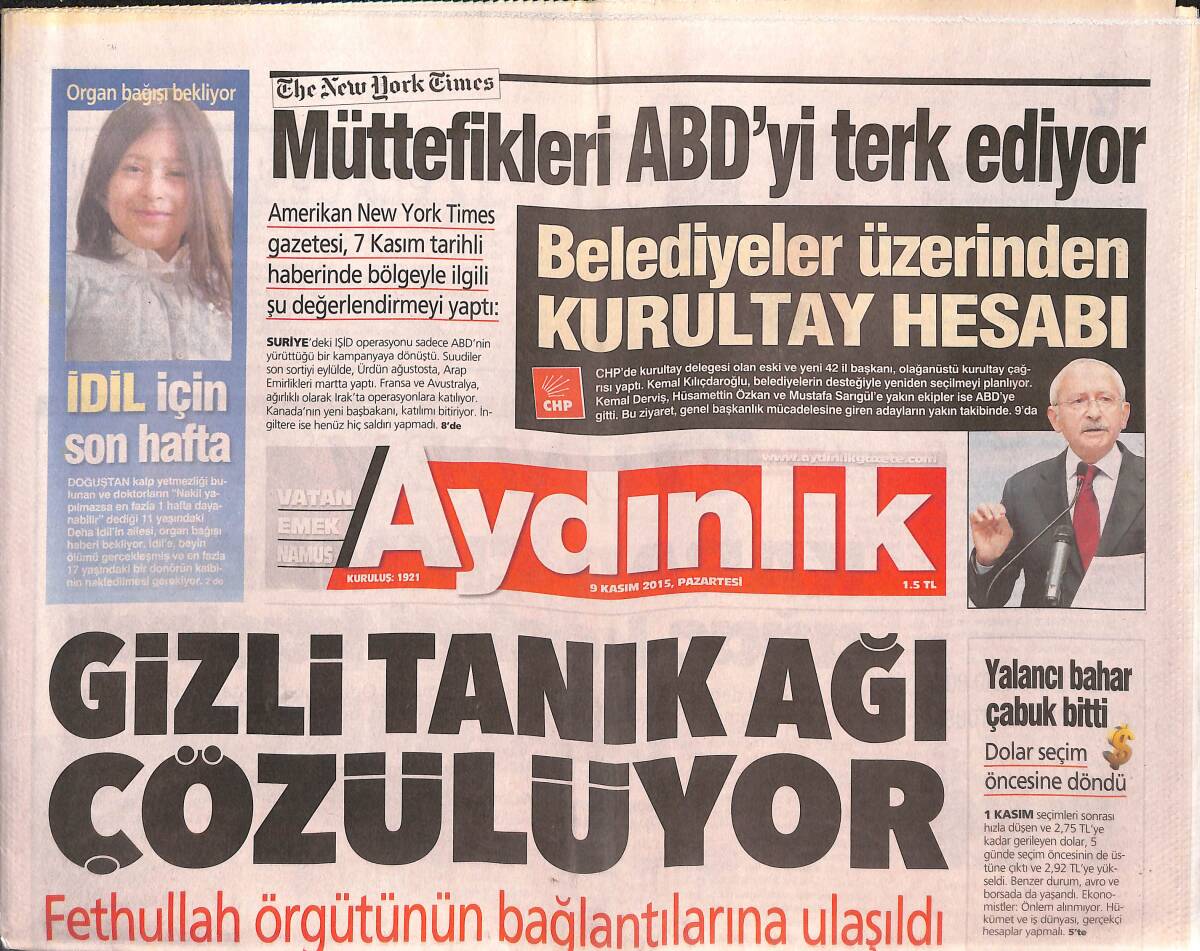 Aydınlık Gazetesi 9 Kasım 2015 - Obama'ya 2. Süpriz - Fındık Fiyatı 15 TL'ye Kadar Yükseldi GZ135438 - 1