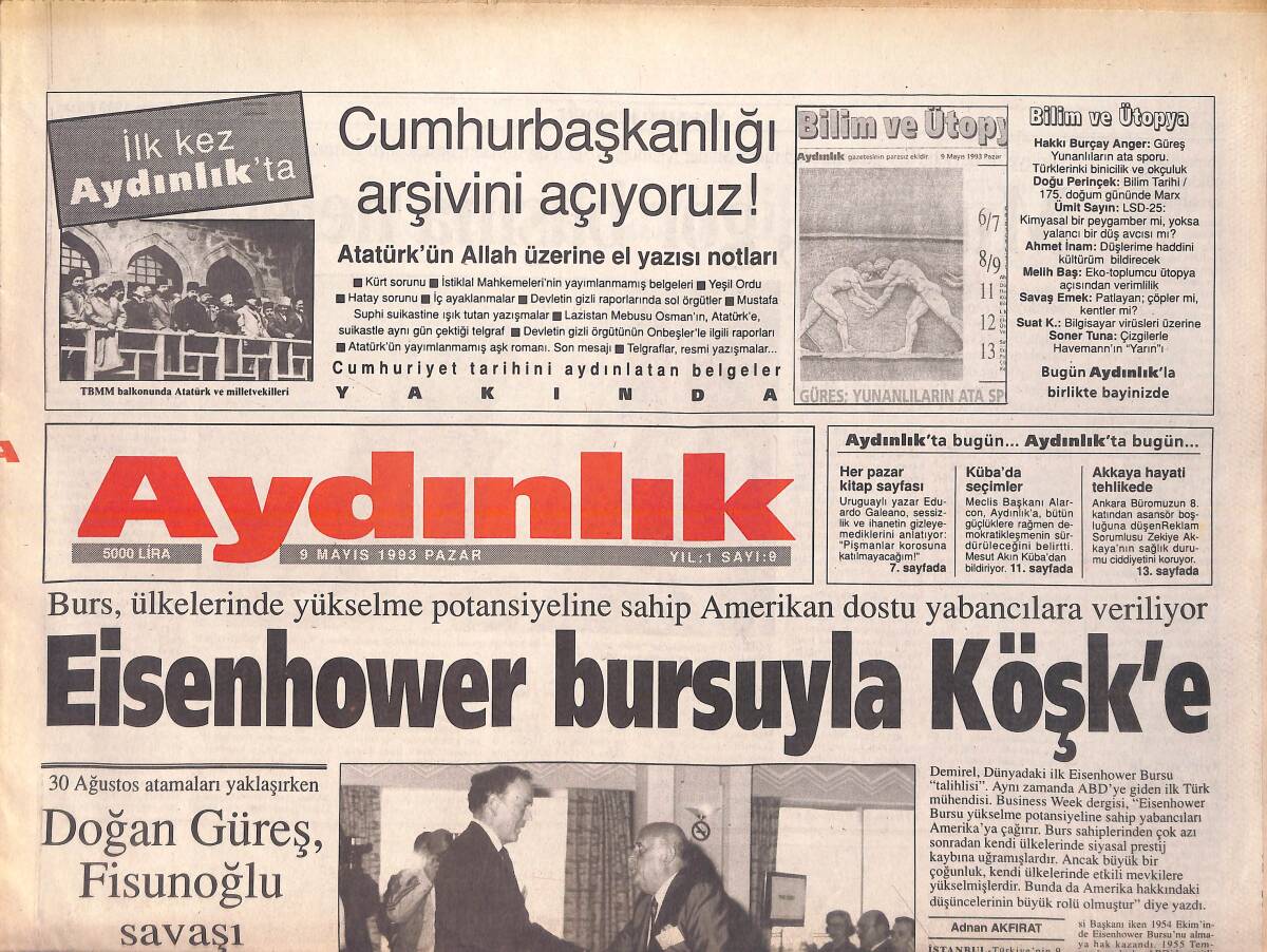 Aydınlık Gazetesi 9 Mayıs 1993 - Doğan Güreş, Fisunoğlu Savaşı - ABD'nin Öldürücü Sağlık Sistemi GZ156051 - 1