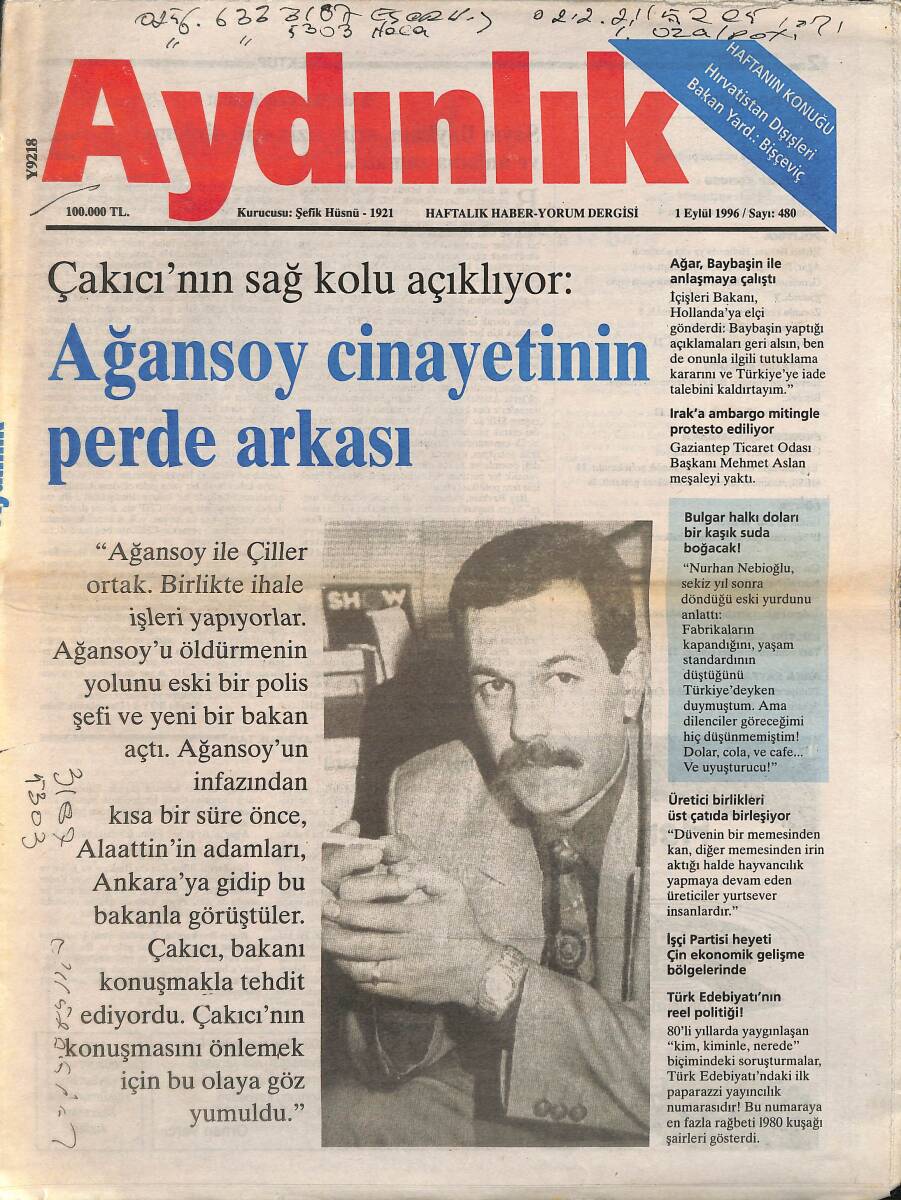 Aydınlık Gazetesi Haftalık Haber - Yorum Dergisi 1 Eylül 1996 - Ağansoy Cinayetinin Perde Arkası - Mafya Ve Barış! GZ137661 - 1