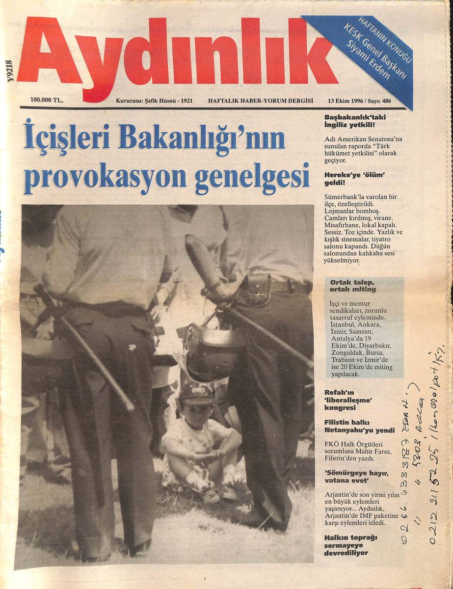 Aydınlık Gazetesi Haftalık Haber-Yorum Dergisi 13 Ekim 1996 - Başbakanlık'taki İngiliz Yetkili - Refah'ın Liberalleşme Kongresi GZ137560 - 1
