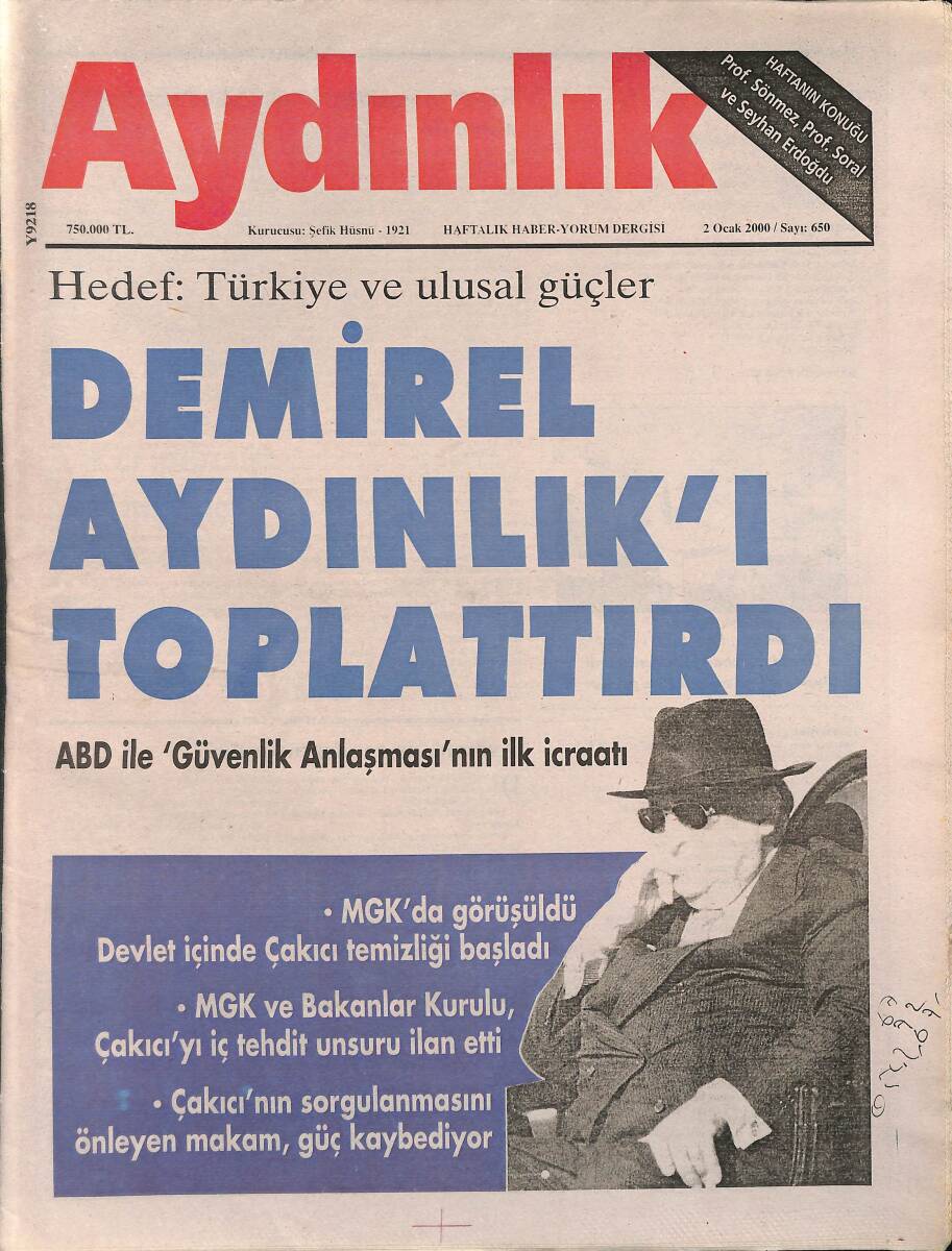 Aydınlık Gazetesi Haftalık Haber- Yorum Dergisi 2 Ocak 2000 - Süleyman Demirel Aydınlık'ı Toplattırdı - Hedef: Türkiye Ve Ulusal Güçler GZ137644 - 1
