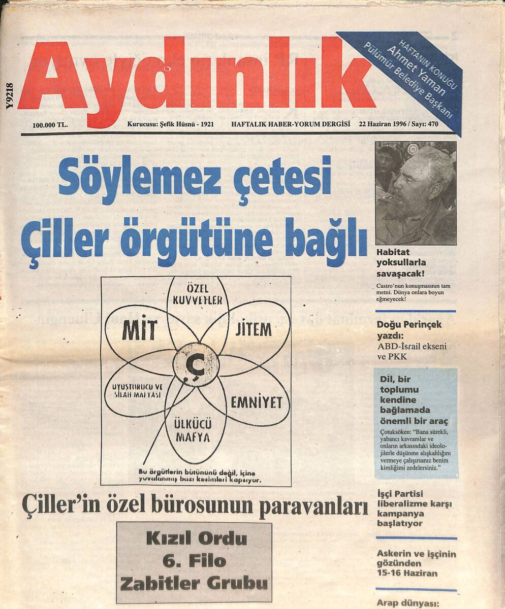 Aydınlık Gazetesi Haftalık Haber-Yorum Dergisi 22 Haziran 1996 - Söylemez Çetesi Çiller Örgütüne Bağlı - Yıldırım Çavlı Öldürüldü Mü? GZ137638 - 1