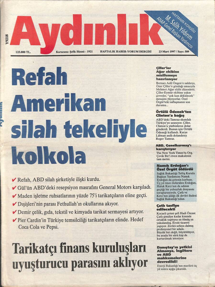 Aydınlık Gazetesi Haftalık Haber - Yorum Dergisi 23 Mart 1997 - Refah Amerikan Silah Tekeliyle Kolkola - Namık Erdoğan'ı Özel Örgüt Öldürdü GZ137675 - 1