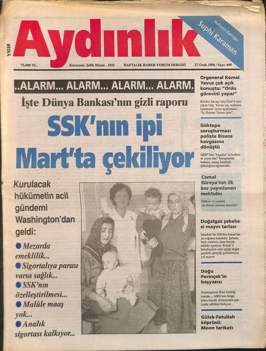 Aydınlık Gazetesi Haftalık Haber - Yorum Dergisi 27 Ocak 1996 - İşte Dünya Bankası'nın Gizli Raporu - SSK'NIN İpi Mart'ta Çekiliyor! GZ137649 - 1