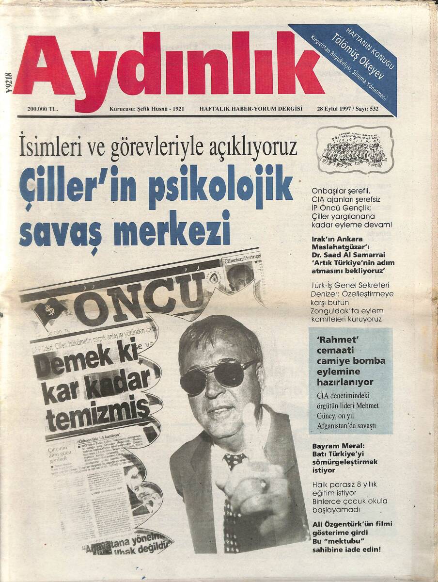Aydınlık Gazetesi Haftalık Haber- Yorum Dergisi 28 Eylül 1997 - Tansu Çiller'in Psikolojik Savaş Merkezi - Cumhuriyet Ordusunun Tarihsel Birikimi GZ137665 - 1