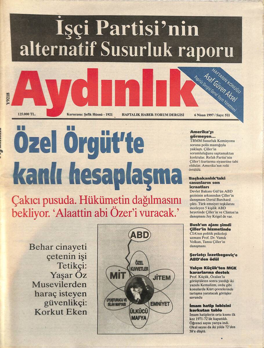 Aydınlık Gazetesi Haftalık Haber-Yorum Dergisi 6 Nisan 1997 - Çakıcı Pusuda. Hükümetin Dağılmasını Bekliyor. 'Alaattin Abi Özeri Vuracak' GZ137545 - 1