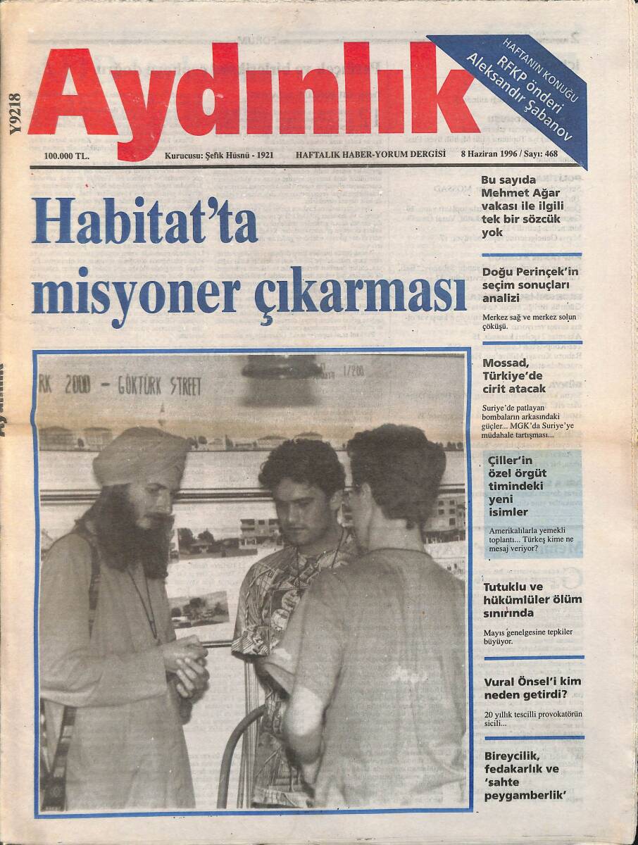 Aydınlık Gazetesi Haftalık Haber- Yorum Dergisi 8 Haziran 1996 - Habitat'ta Misyoner Çıkarması - Doğu Perinçek'in Seçim Sonu Analizi GZ137669 - 1