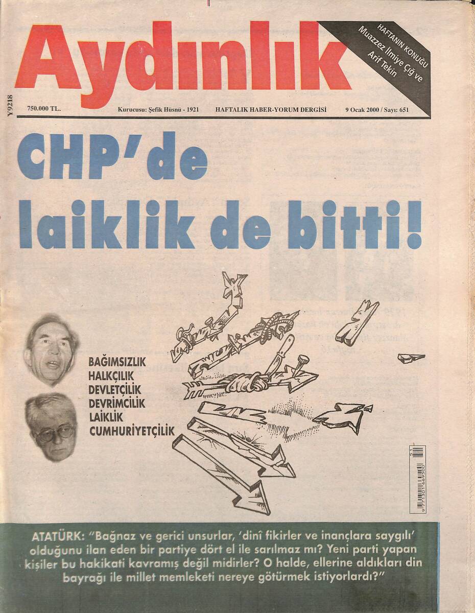 Aydınlık Gazetesi Haftalık Haber- Yorum Dergisi 9 Ocak 2000 - CHP'DE Laiklik De Bitti! - Deprem Acısı Dört Ayda Unutuldu! GZ137645 - 1
