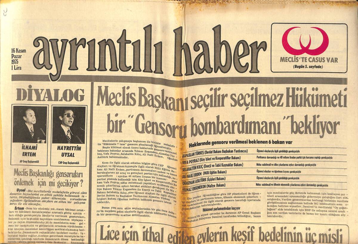 Ayrıntılı Haber Gazetesi 16 Kasım 1975 - Büyük Millet Meclisinde Casus Var! - CIA Konusunda İfade Vermek Yasak GZ147240 - 1