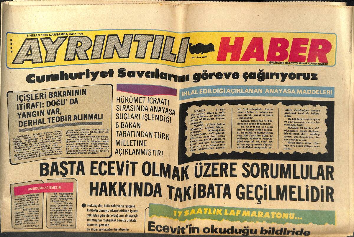 Ayrıntılı Haber Gazetesi 18 Nisan 1979 - Bülent Ecevit'in İstifa Etmekten Başka Çaresi Kalmadı - 68 Sanatçı Emekli Oldu! GZ142247 - 1