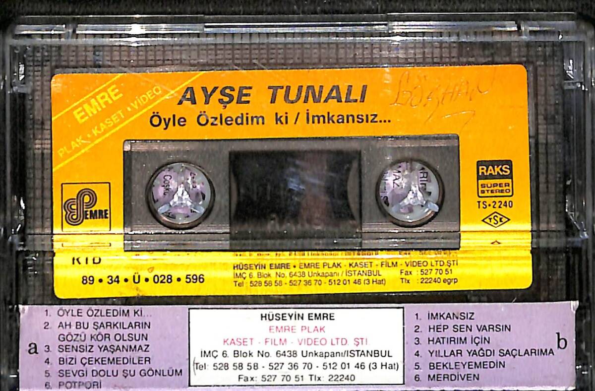 Ayşe Tunalı - Öyle Özledim Ki Orijinal Kaset (ikinci El) * Emre Kasetçilik - Sarı Bandrol - Kağıt Baskı - 1989 * KST30323 - 2