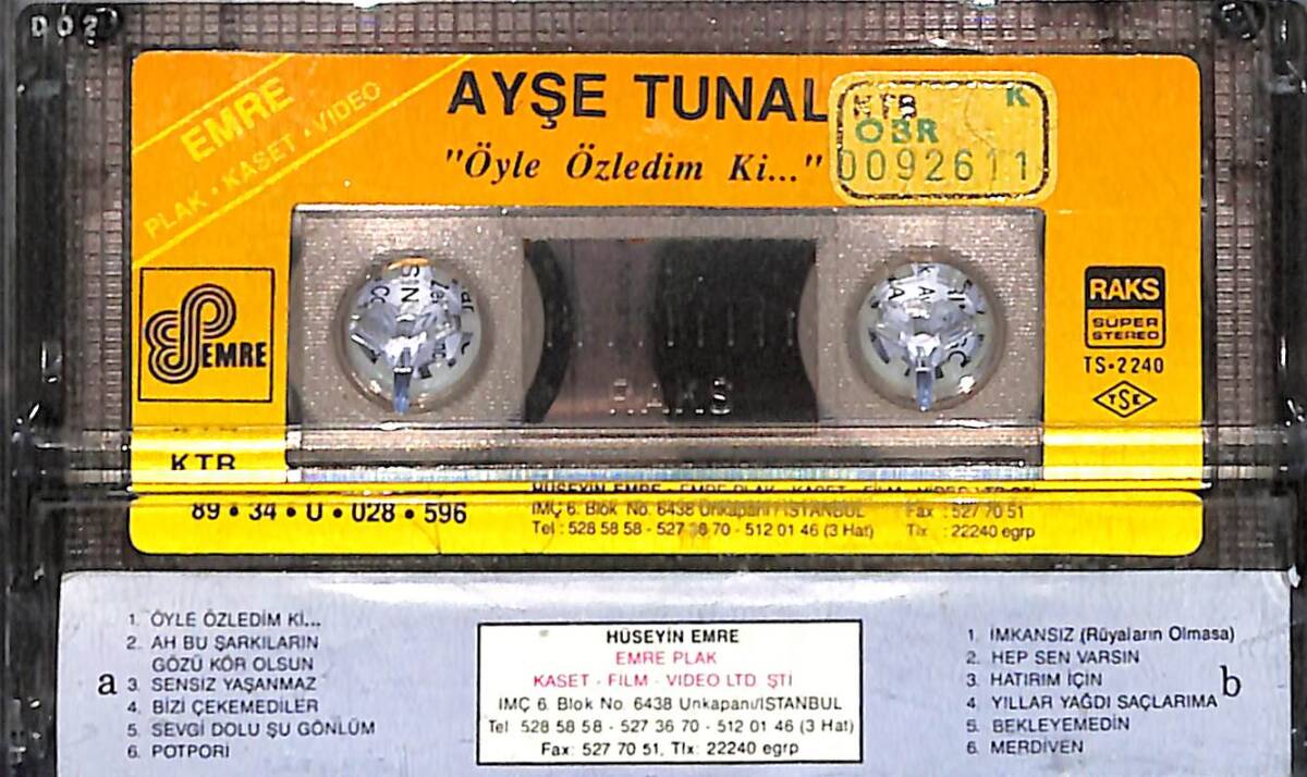 Ayşe Tunalı - Öyle Özledim Ki Orijinal Kaset (ikinci El) * Emre Kasetçilik - Sarı Bandrol - Kağıt Baskı - 1989 * KST30848 - 2