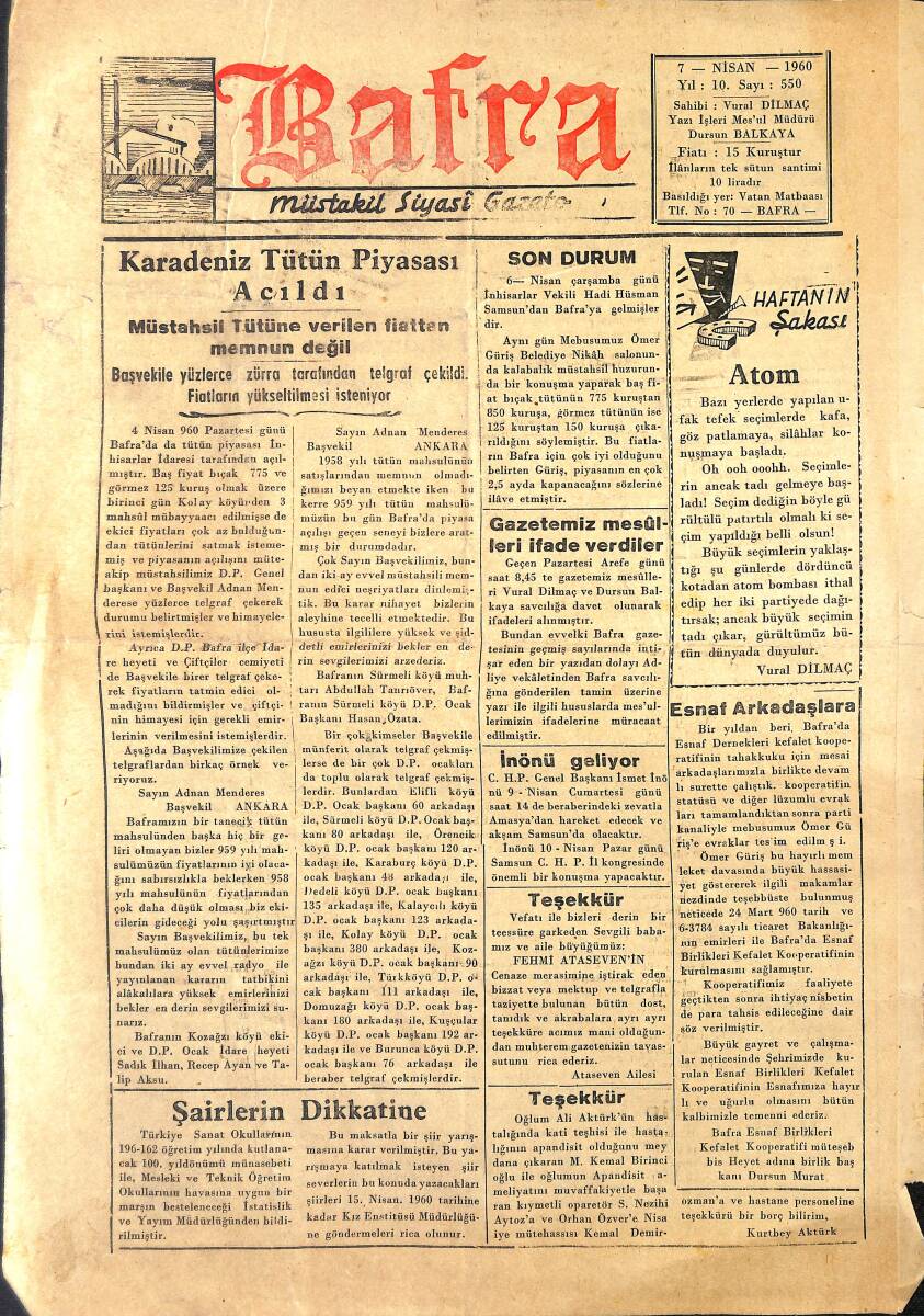 Bafra Müstakil Siyasi Gazetesi 7 Nisan 1960 - Karadeniz Tütün Piyasası Açıldı GZ154045 - 1