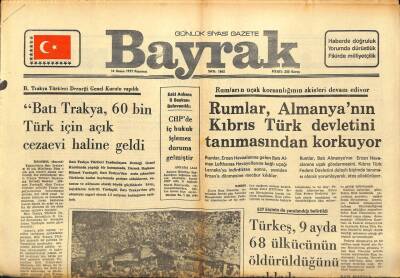 Bayrak Gazetesi 14 Kasım 1977 - Rumlar Almanyanın Kıbrıs Türk Devletini Tanımasından Korkuyor GZ89411 - 1