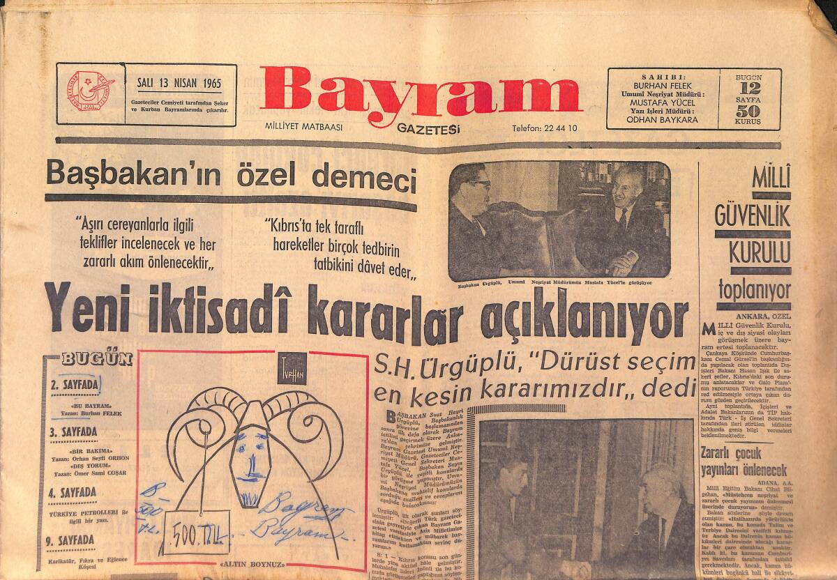Bayram Gazetesi 13 Nisan 1965 - Milli Takım Dün Kampa Girdi - Yeni İktisadi Kararlar Açıklanıyor GZ158678 - 1