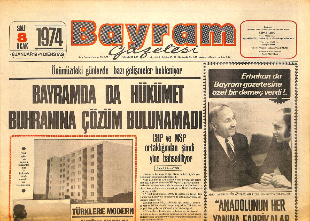Bayram Gazetesi 8 Ocak 1974 - Erbakan'da Bayram Gazetesine Özel Bir Demeç Verdi GZ157600 - 1