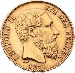 Belçika 20 Frank 1876 Altın *Leopold II* ÇİL #670 - 1