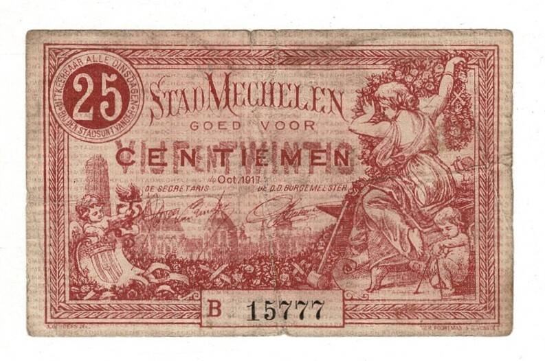 Belçika 25 Centimes 1917 *Stad Mechellen* Temiz+ YKP8247 - 3