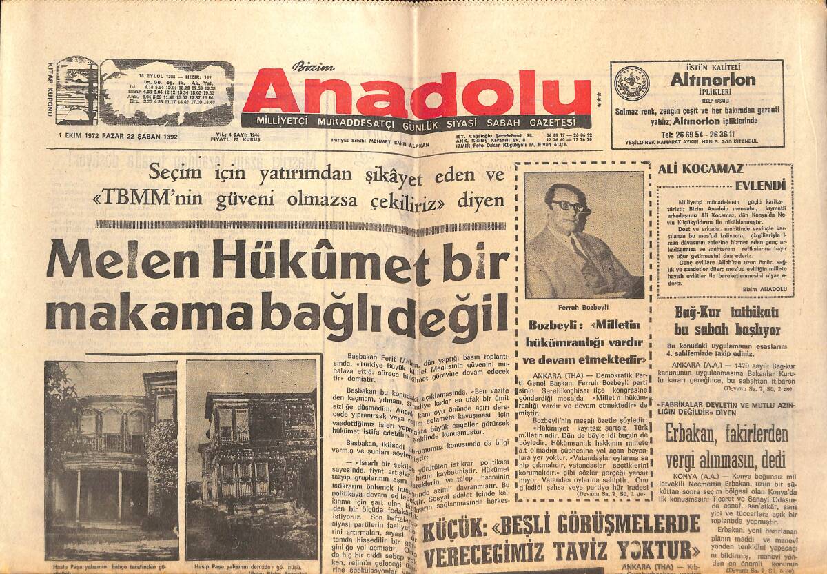 Bizim Anadolu Gazetesi 1 Ekim 1972 - Erbakan, Fakirlerden Vergi Alınmasın Dedi - Masonların Sahip Olduğu Zengin Bütçe GZ138906 - 1