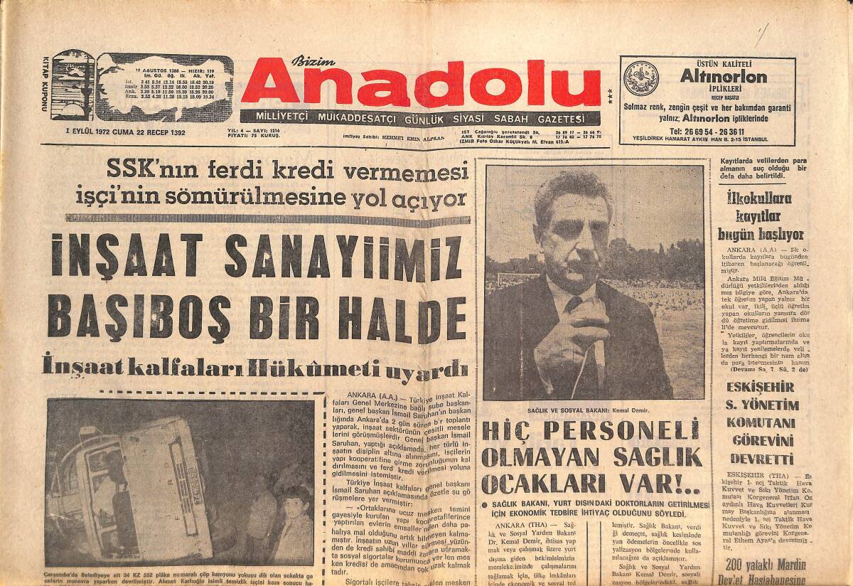 Bizim Anadolu Gazetesi 1 Eylül 1972 - Kilis'te Sellerden Beş Kişi Boğuldu - İnşaat Sanayiimiz Başıboş Bir Halde GZ140836 - 1