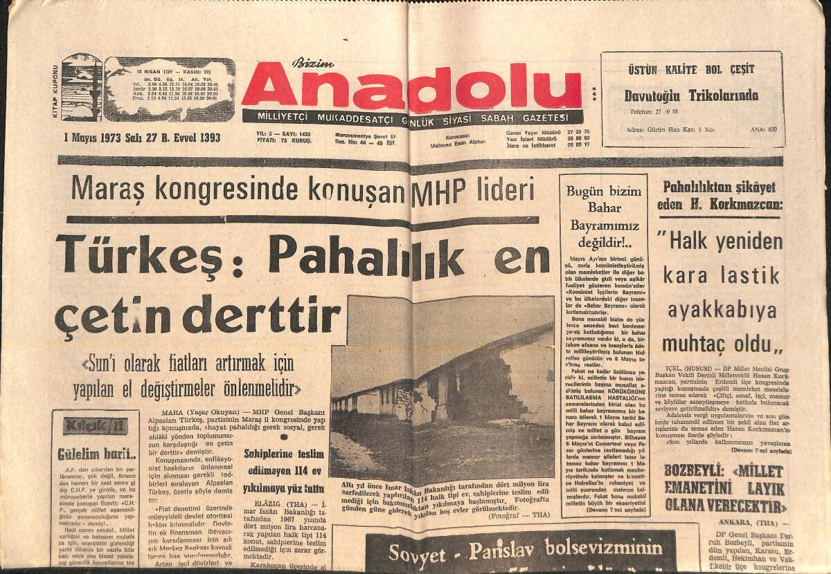 Bizim Anadolu Gazetesi 1 Mayıs 1973 - Türkeş 