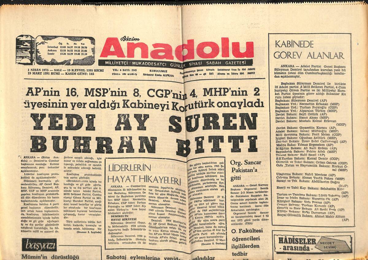 Bizim Anadolu Gazetesi 1 Nisan 1975 - Kıbrıs'a 5.5 Milyon Liralık Mal İhraç Ettik GZ140859 - 1