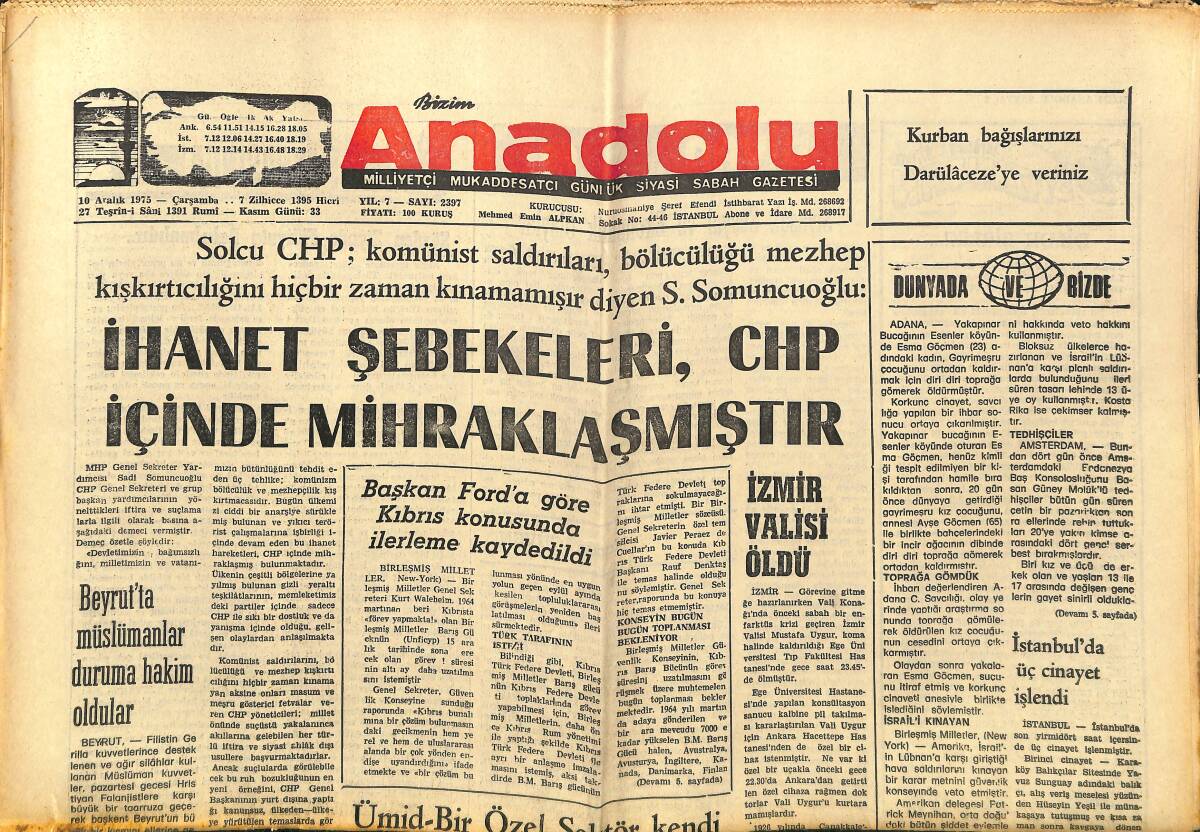 Bizim Anadolu Gazetesi 10 Aralık 1975 - İhanet Şebekeleri, CHP İçinde Mihraklaşmıştır - Zonguldak Ülkücü Derneği Kongresi GZ149844 - 1