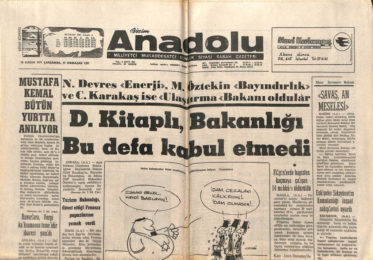 Bizim Anadolu Gazetesi 10 Kasım 1971 - Alptekin Hücresi Erlere Saldırdı - Irak'da Türkçe Yasak Edildi GZ140781 - 1