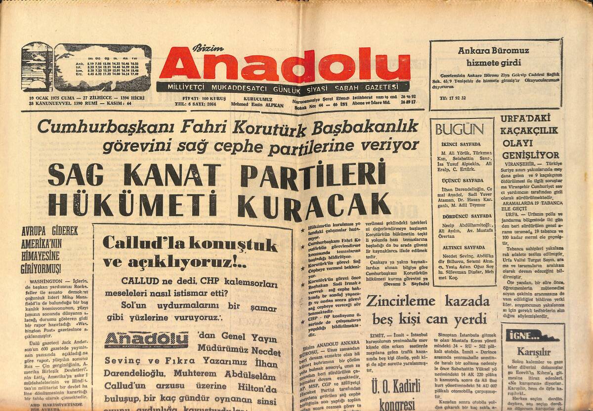 Bizim Anadolu Gazetesi 10 Ocak 1975 - Dış Ödemeler Dengesinde Açıklık Daha da Büyüyor GZ158723 - 1