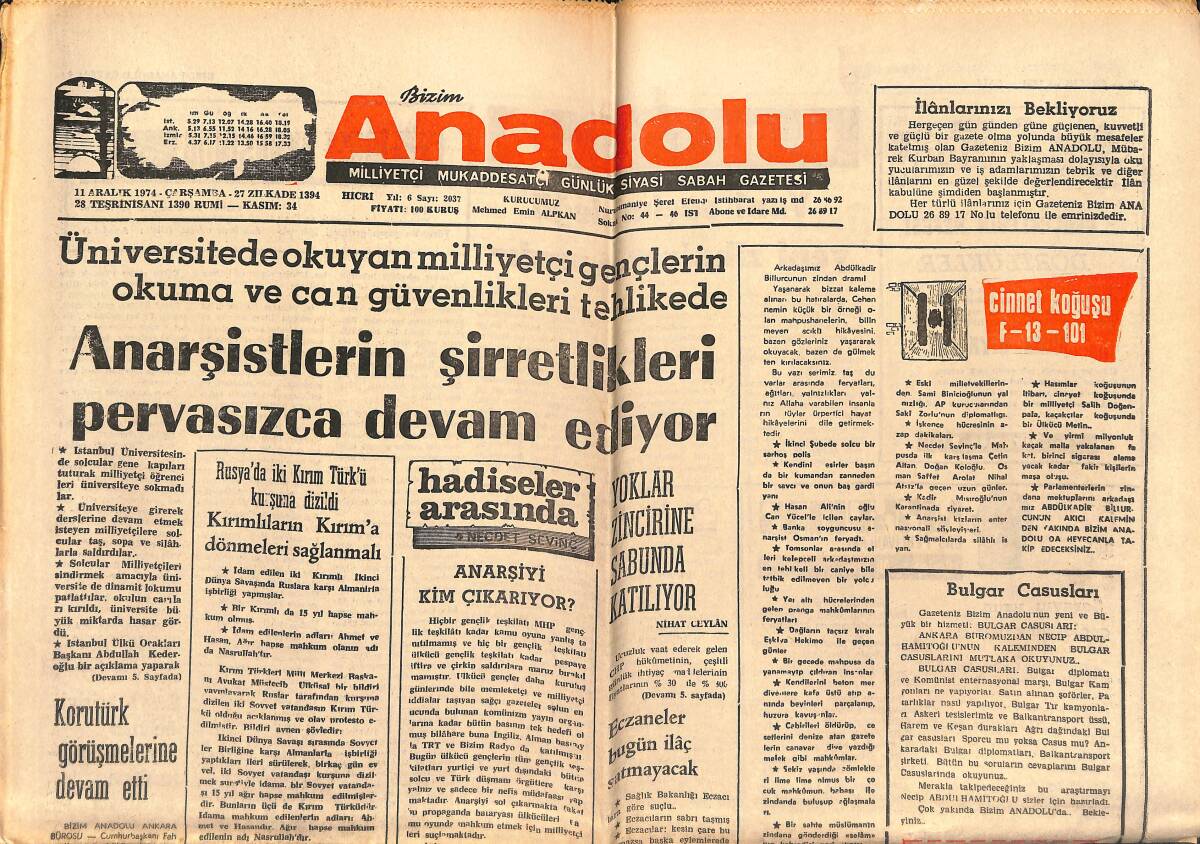 Bizim Anadolu Gazetesi 11 Aralık 1974 - Anarşistlerin Şirketlikleri Pervasızca Devam Ediyor GZ140821 - 1