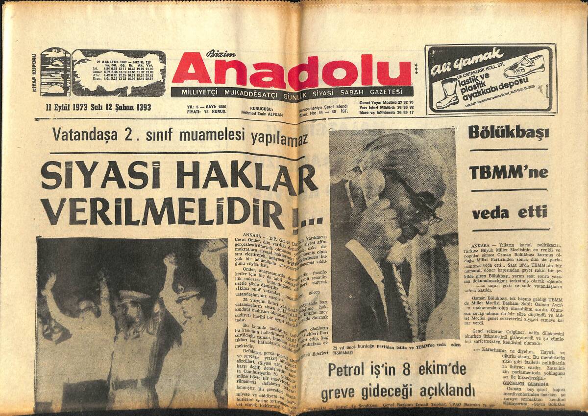 Bizim Anadolu Gazetesi 11 Eylül 1973 - Osman Bölükbaşı TBMM'YE Veda Etti - Madalya Alamayan Serbest Güreş Takımımız Yarın Dönecek! GZ140650 - 1