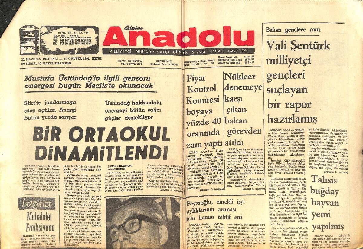 Bizim Anadolu Gazetesi 11 Haziran 1974 - Bir Ortaokul Dinamitlendi - CHP'Lİ Sanlı Hakkında Suistimal Suçundan Dava Açılıyor! GZ144150 - 1