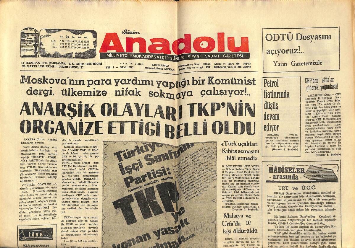 Bizim Anadolu Gazetesi 11 Haziran 1975 - Anarşik Olayları TKP'NİN Organize Ettiği Belli Oldu! - 1975 Yılında Özel Tiyatrolar! GZ140654 - 1