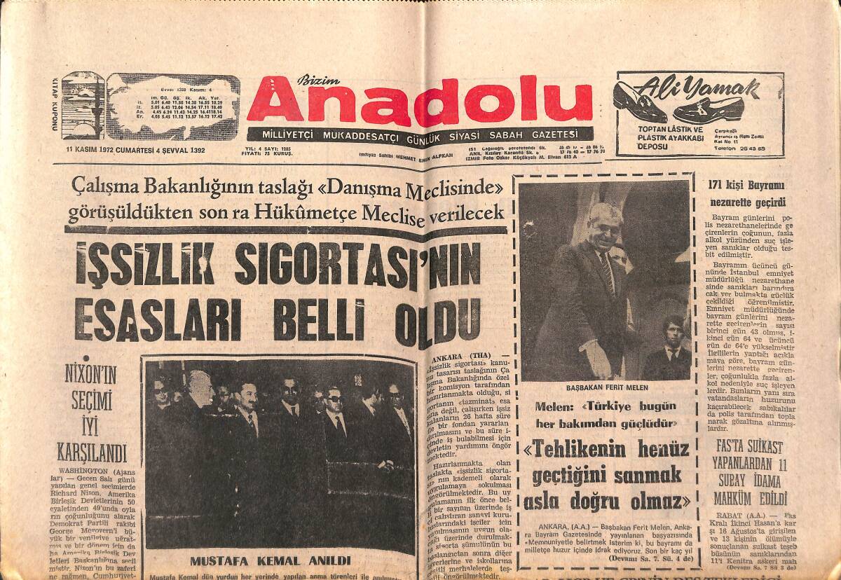 Bizim Anadolu Gazetesi 11 Kasım 1972 - F.Melen Hükümeti Göreve Devam Edecek - İşsizlik Sigortası'nın Esasları Belli Oldu GZ140820 - 1