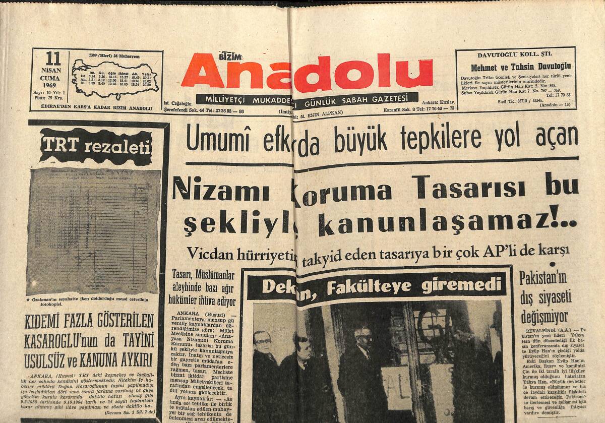 Bizim Anadolu Gazetesi 11 Nisan 1969 - Ankara'da 4 Fakülte Daha Tatil Edildi - Nizamı Koruma Tasarısı Bu Şekliyle Kanunlaşamaz!.. GZ140762 - 1