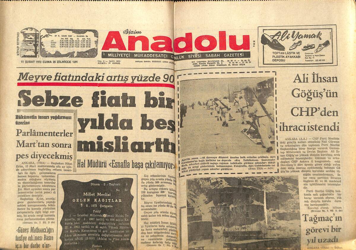 Bizim Anadolu Gazetesi 11 Şubat 1972 - Tağmaç'ın Görevi Bir Yıl Uzadı - İdam Cezaları Meclise Geldi GZ140767 - 1
