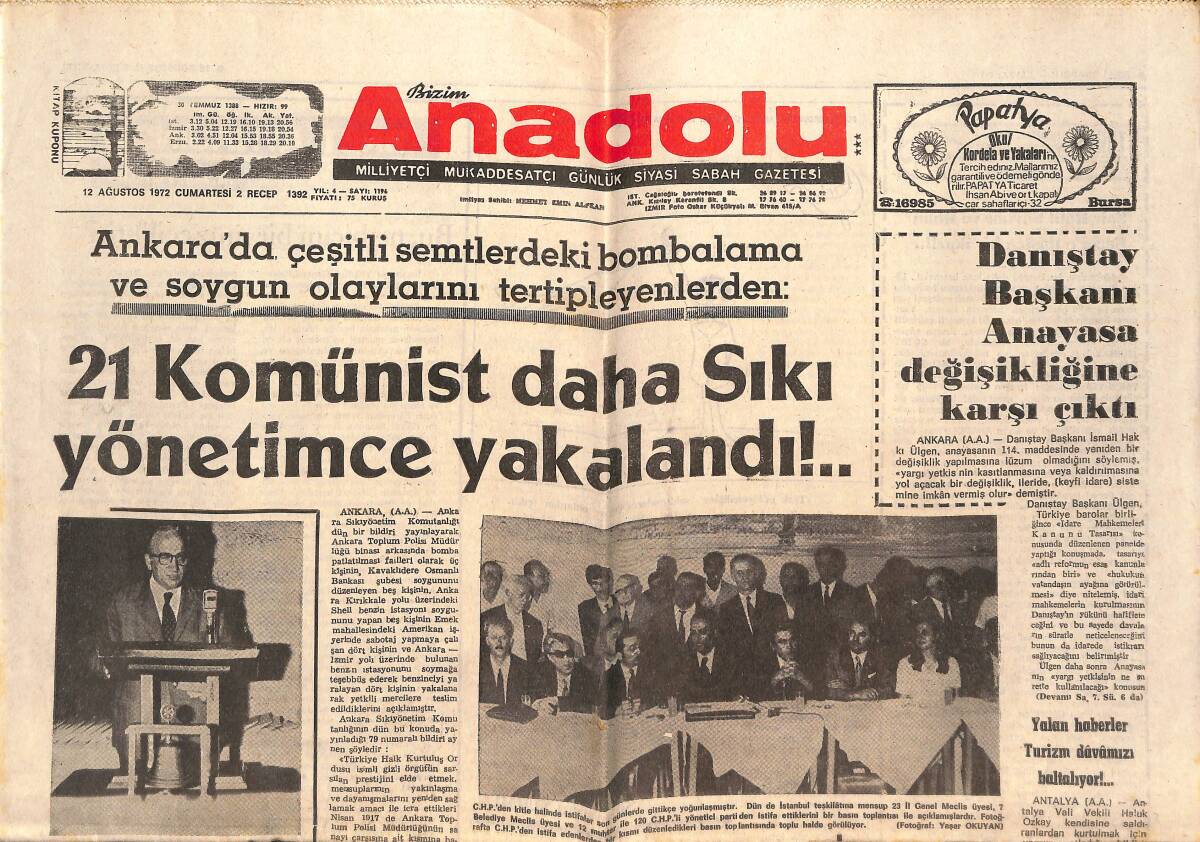 Bizim Anadolu Gazetesi 12 Ağustos 1972 - Danıştay Başkanı Anayasa Değişikliğine Karşı Çıktı - Karadeniz Göç Ediyor - Tarihi Koca Yusuf Güreşçileri GZ138916 - 1