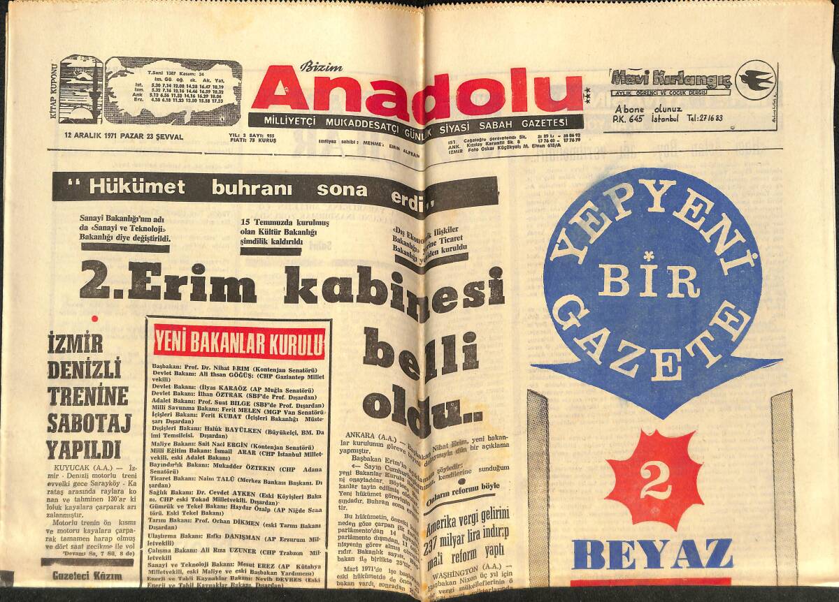 Bizim Anadolu Gazetesi 12 Aralık 1971 - 2. Erim Kabilesi Belli Oldu - Pakistan Birlikleri Hintlileri Püskürttü! GZ146548 - 1