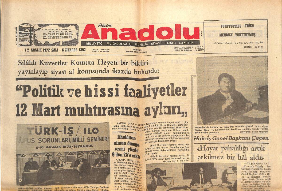 Bizim Anadolu Gazetesi 12 Aralık 1972 - Erzurum'da Ulaşım Kızaklarla Yapılıyor GZ140832 - 1