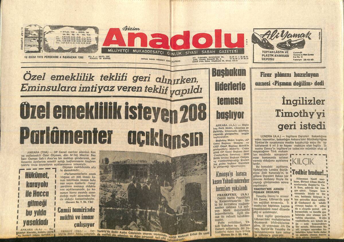 Bizim Anadolu Gazetesi 12 Ekim 1972 - İngilizler Timothy'yi Geri İstedi - Almanya'yı Haraca Kesen Yahudi Mücevher Hırsızları Yakalandı GZ138938 - 1