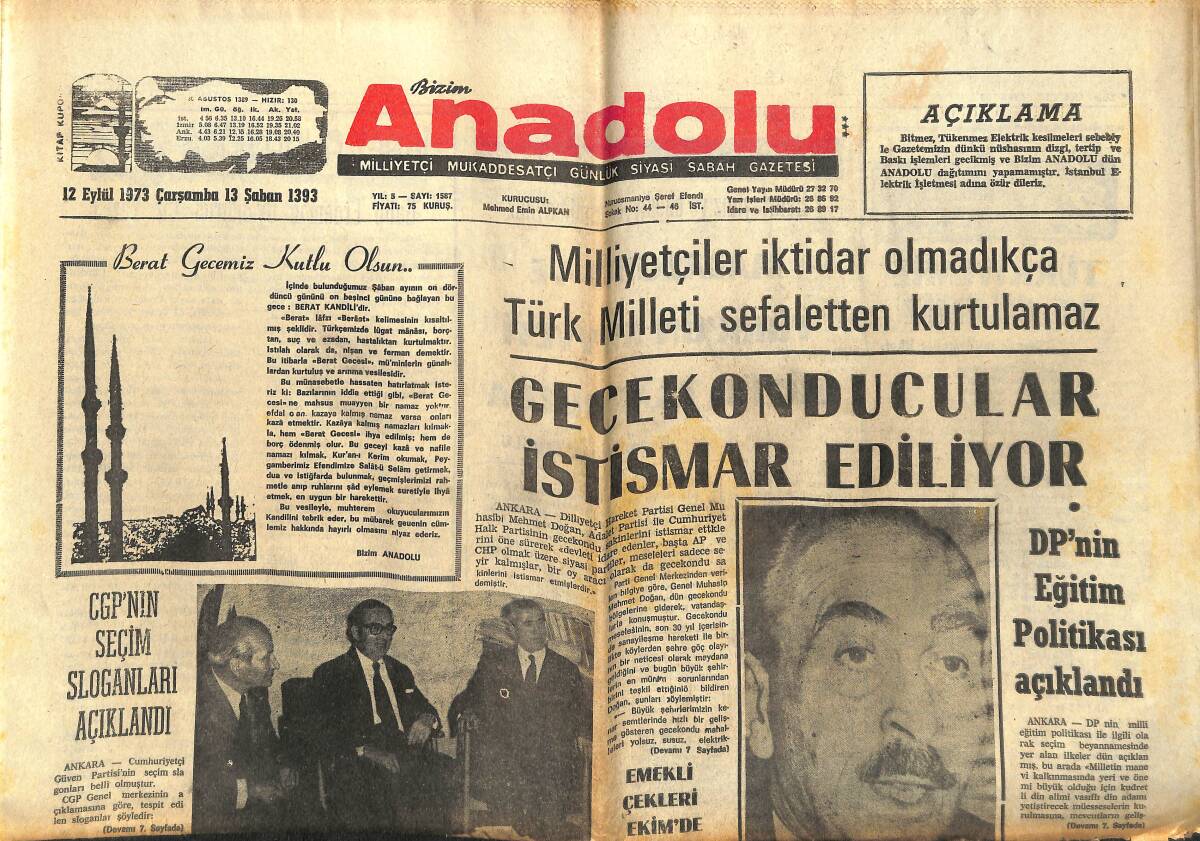 Bizim Anadolu Gazetesi 12 Eylül 1973 - Gecekonducular İstismar Ediliyor - M. Ali Clay Dün İntikamını Aldı - Peron'un Altınları Satılıyor GZ140651 - 1